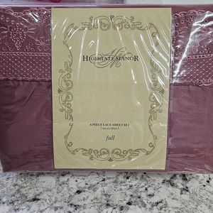 Highgate Manor Full 6pc Sheet Set Embroidered Lace Cranberry Micro Fiber